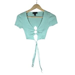Streetwear Society Mint Green Ribbed Knit Crop Top Tie Front V Neck Short Sleeve